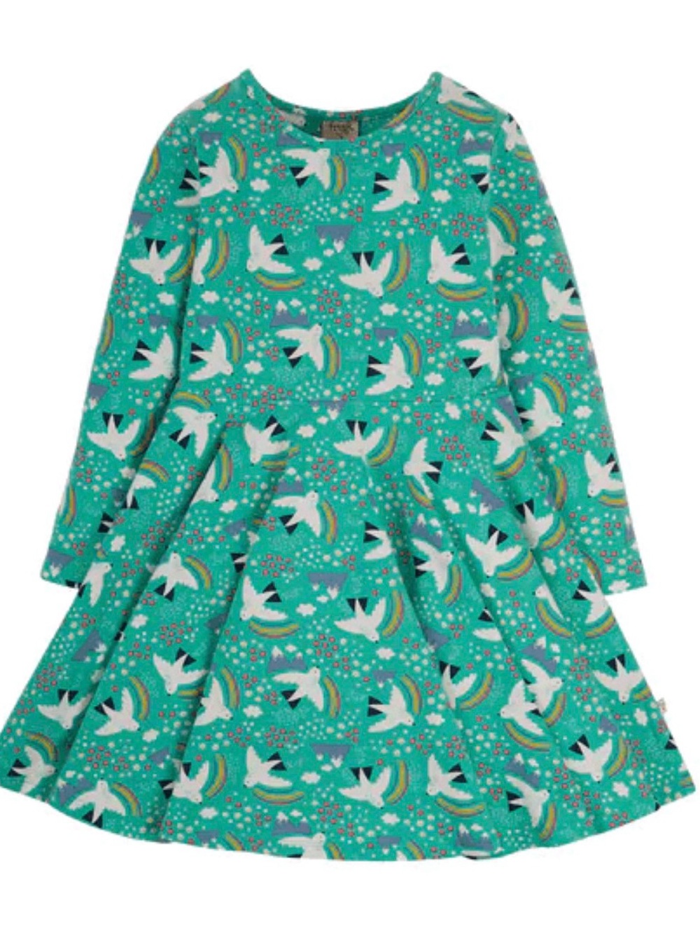 Frugi Teal Bird & Rainbow Swing Dress Sz 6-7